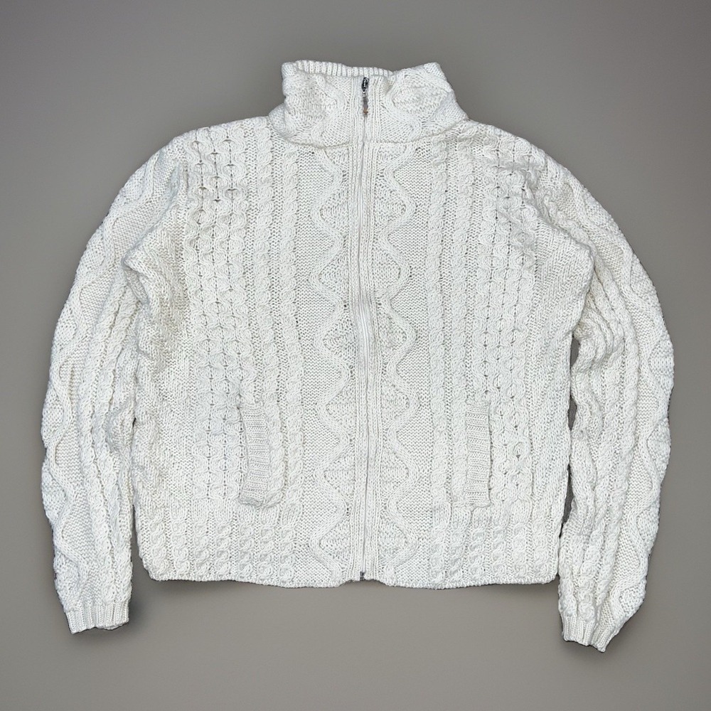 Aran Mor 100% Merino Wool Full Zip Chunky Knit Womens White Oatmeal Sweater Sz M